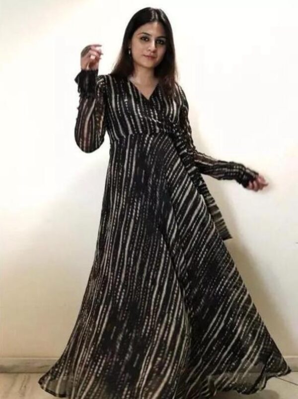 Line V Neck Tie Up Pattern Long Dress - Image 4