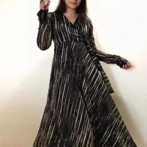 Line V Neck Tie Up Pattern Long Dress - Image 19