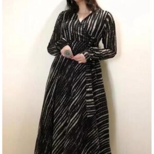Line V Neck Tie Up Pattern Long Dress - Image 14
