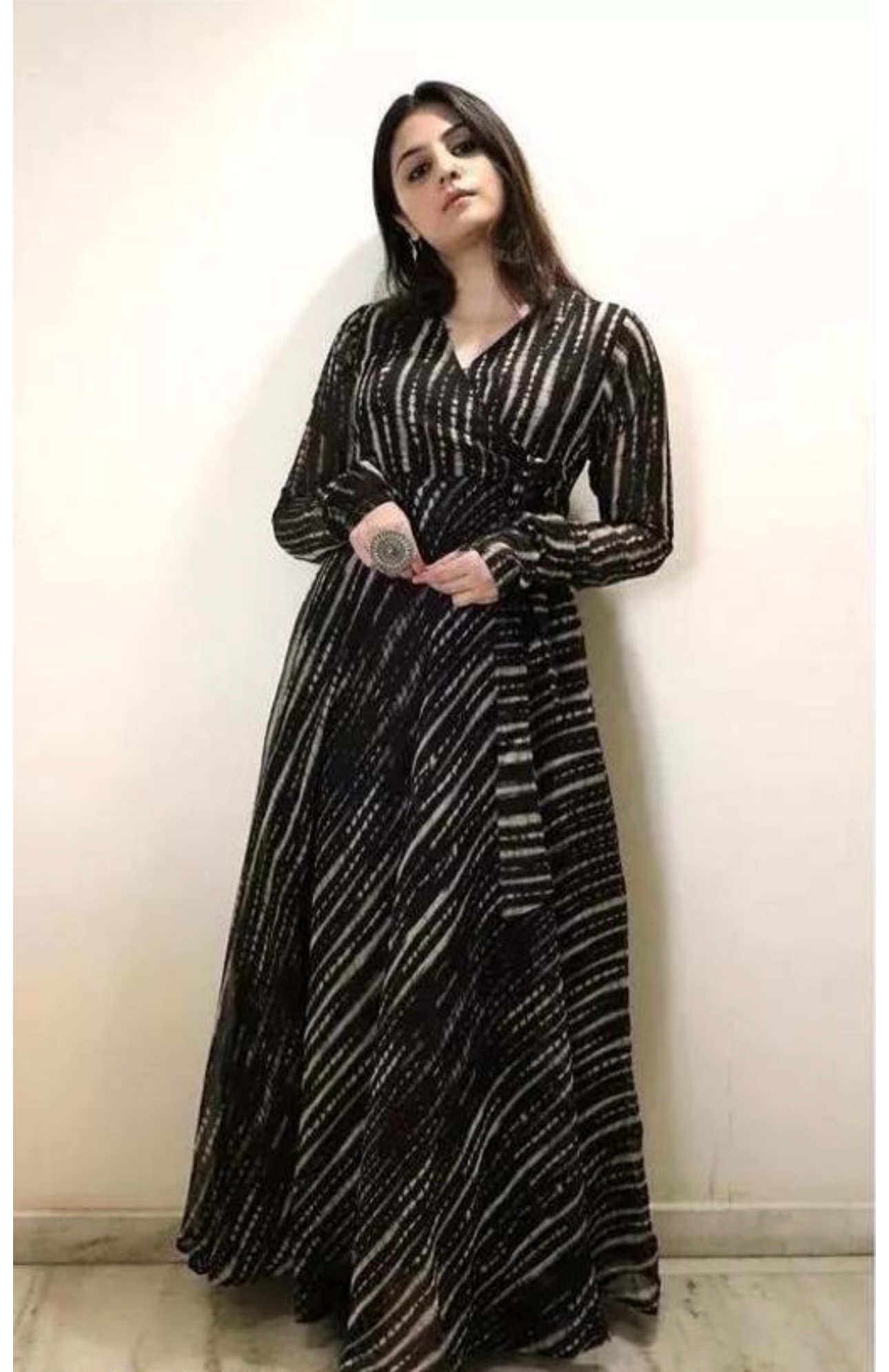 Line V Neck Tie Up Pattern Long Dress - Image 14
