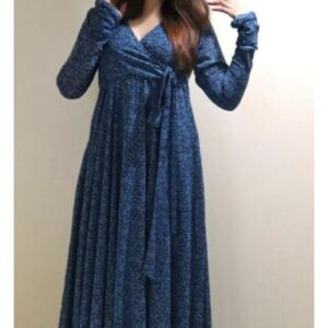 Line V Neck Tie Up Pattern Long Dress - Image 5