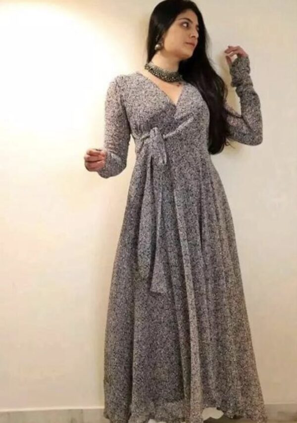 Line V Neck Tie Up Pattern Long Dress - Image 8