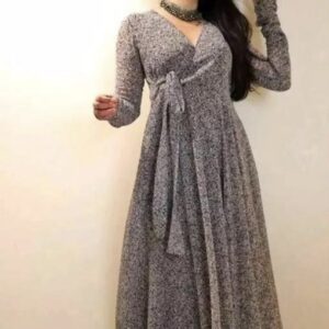 Line V Neck Tie Up Pattern Long Dress - Image 7