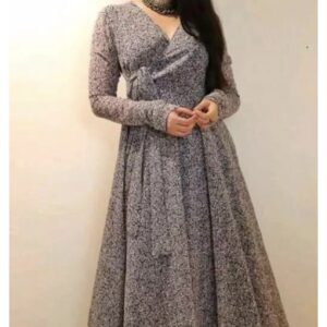 Line V Neck Tie Up Pattern Long Dress - Image 6