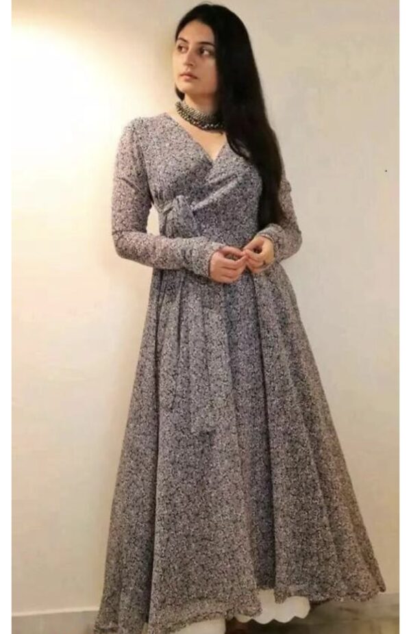 Line V Neck Tie Up Pattern Long Dress - Image 6