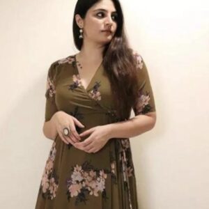 Line V Neck Tie Up Pattern Long Dress - Image 1