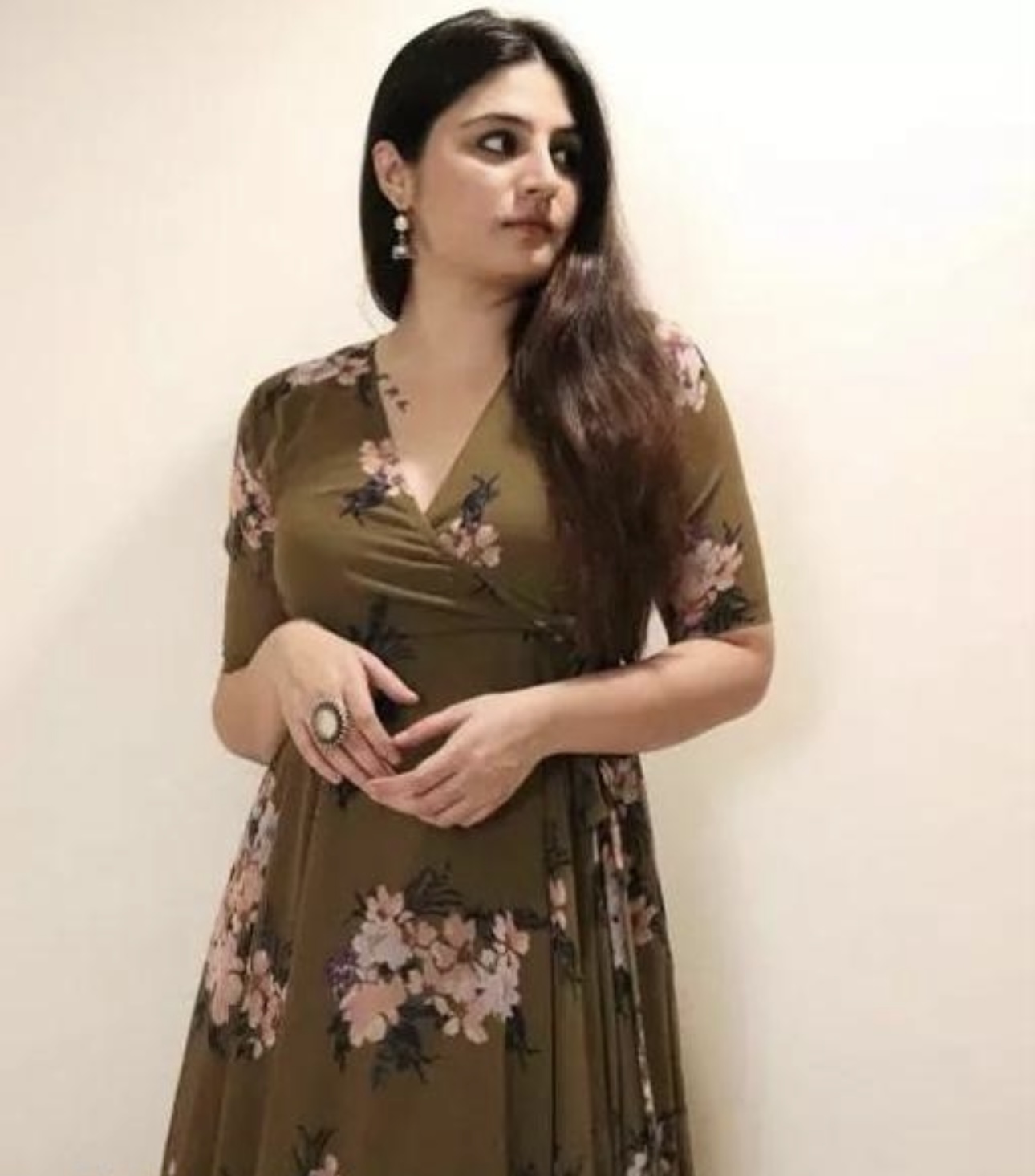 Line V Neck Tie Up Pattern Long Dress - Image 1