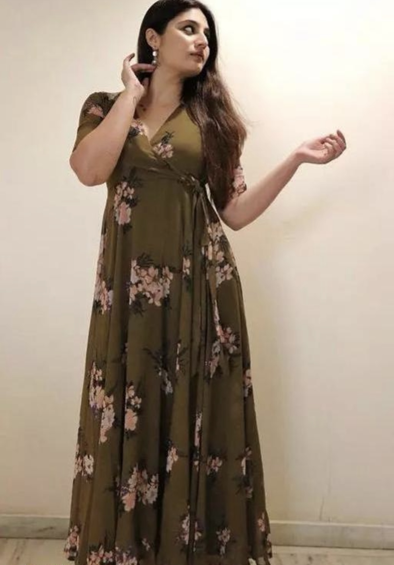 Line V Neck Tie Up Pattern Long Dress - Image 18