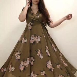 Line V Neck Tie Up Pattern Long Dress - Image 17