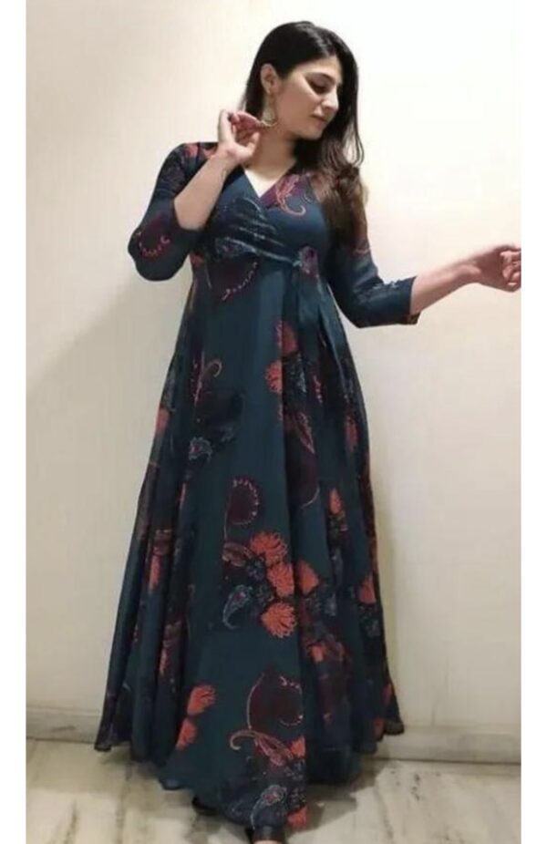 Line V Neck Tie Up Pattern Long Dress - Image 10