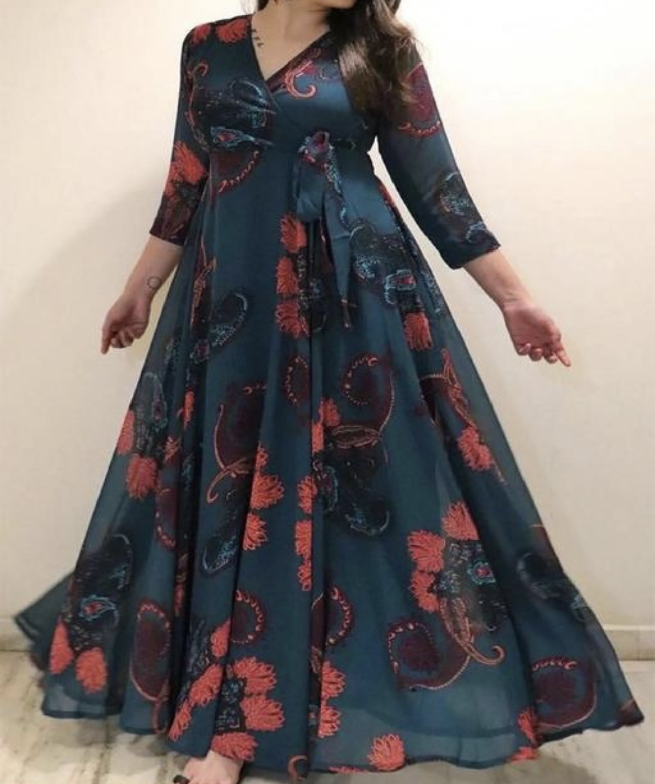 Line V Neck Tie Up Pattern Long Dress - Image 9