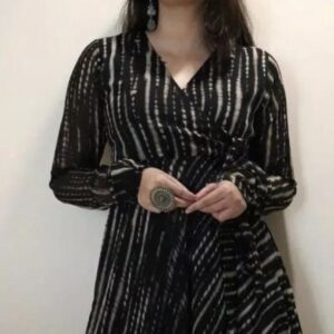 Line V Neck Tie Up Pattern Long Dress - Image 13