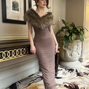 Brown Fur Detailed Bodycon Dress - Image 1