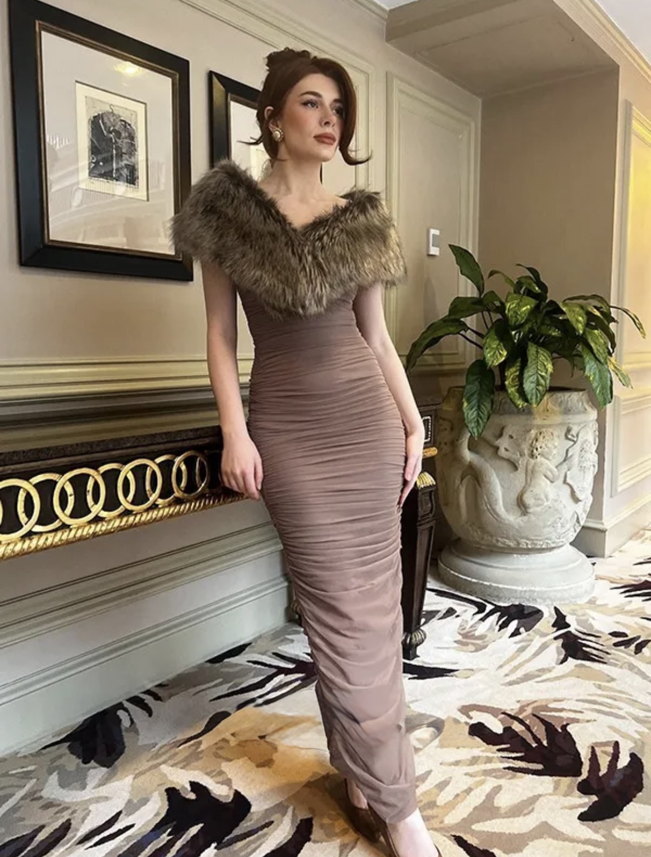 Brown Fur Detailed Bodycon Dress - Image 1