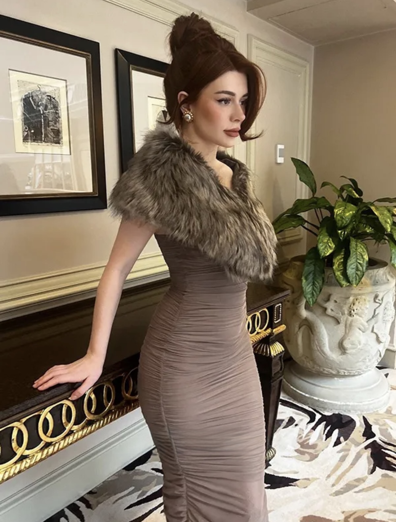 Brown Fur Detailed Bodycon Dress - Image 2