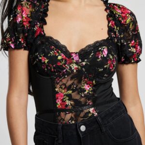 Black Printed Lace Bodysuit