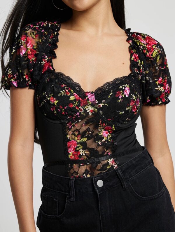 Black Printed Lace Bodysuit