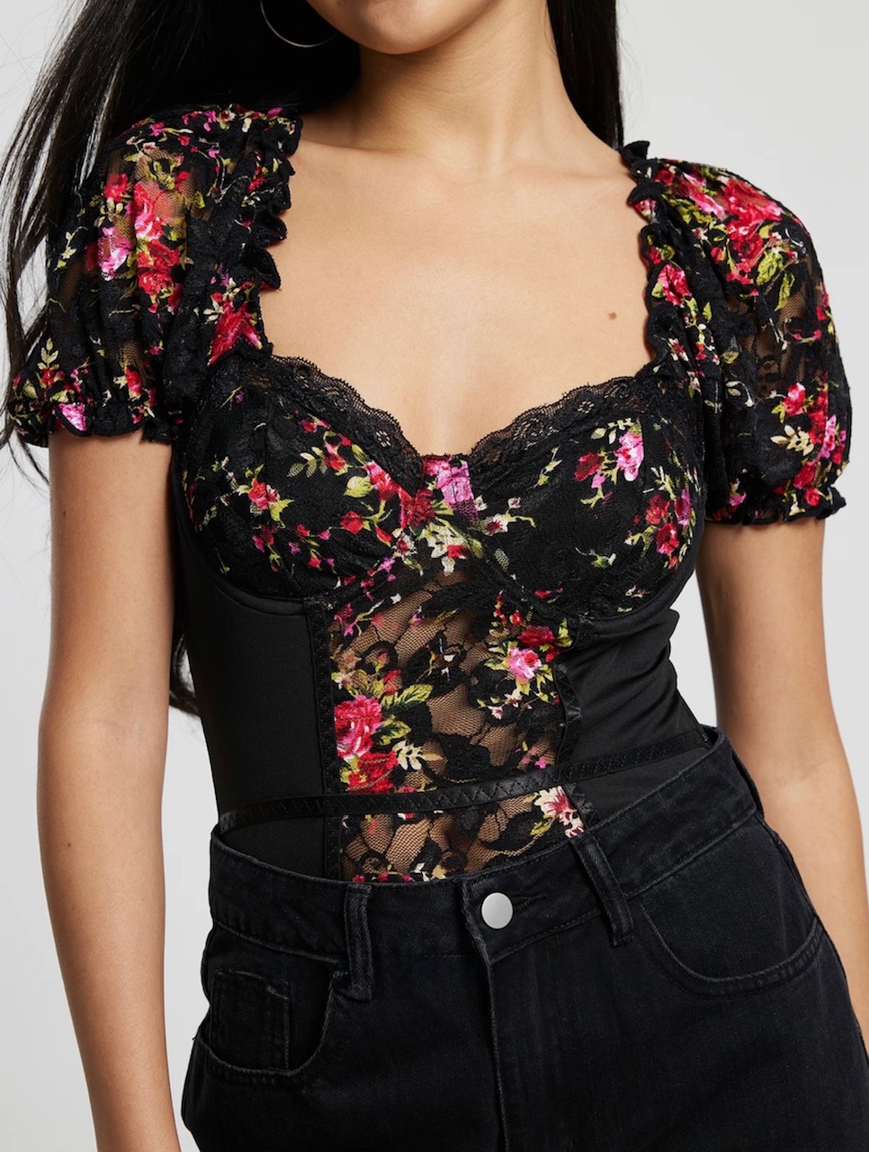 Black Printed Lace Bodysuit - Image 1