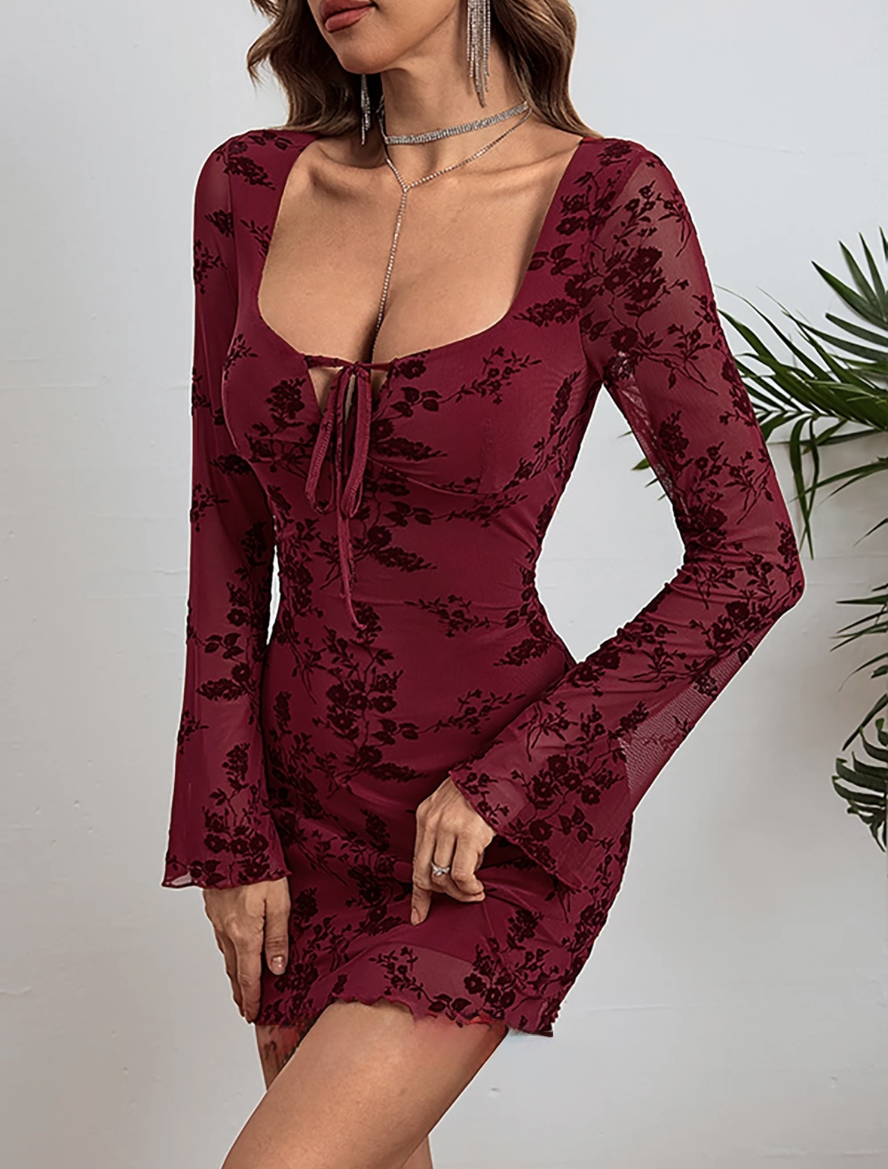 Neck Tie Up Lace Mini Dress - Image 3