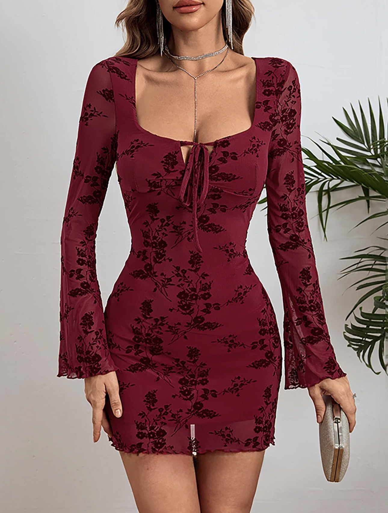 Neck Tie Up Lace Mini Dress - Image 6