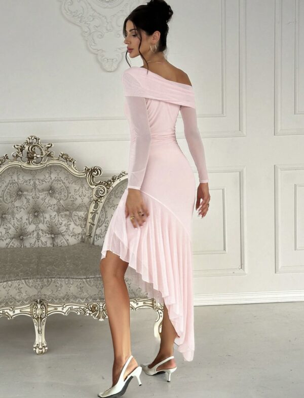 Pink Asymmetric Off Shoulder Midi Dress - Image 3