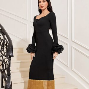 Black Fringed Curled Sleeves Midi Dress - Image 2