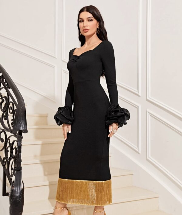 Black Fringed Curled Sleeves Midi Dress - Image 2