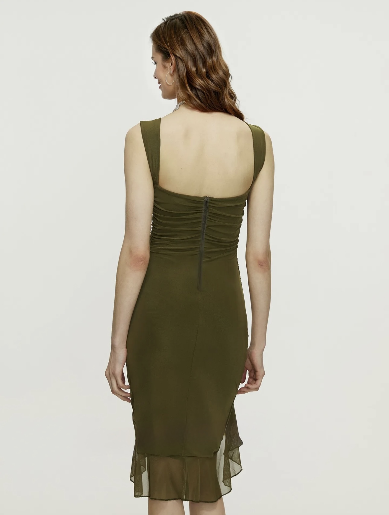 Asymmetric Mesh Ruffle Midi Dress - Image 10