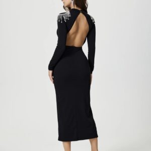 Black Backless Shoulder Embellished Slit Midi Dress - Image 6