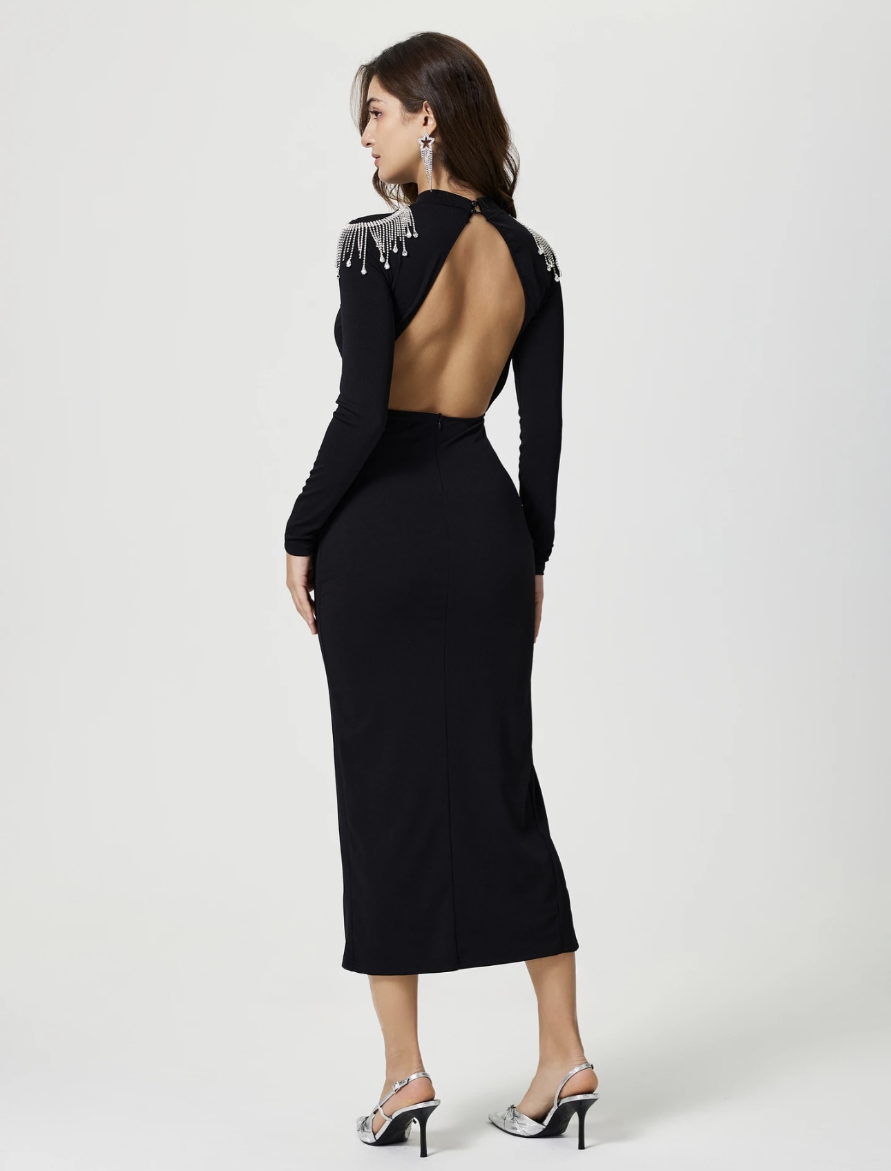 Black Backless Shoulder Embellished Slit Midi Dress - Image 6
