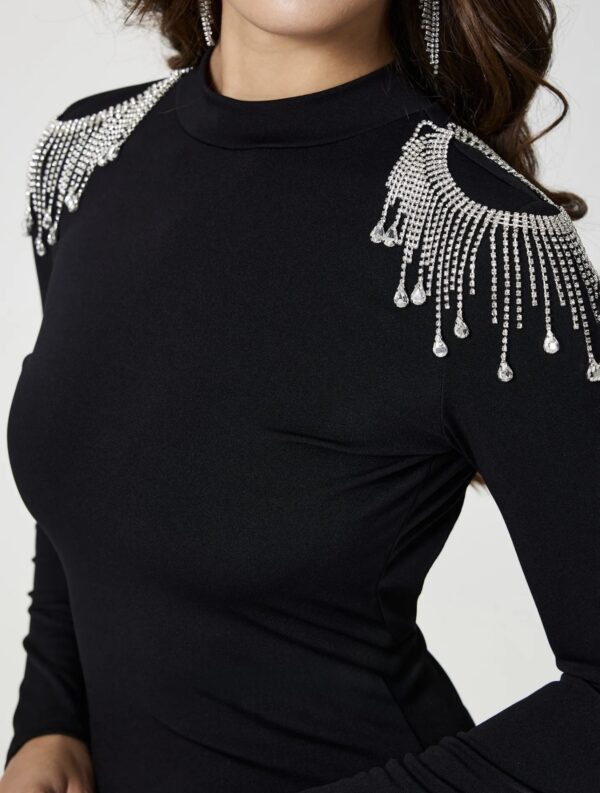 Black Backless Shoulder Embellished Slit Midi Dress - Image 5