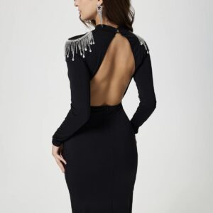 Black Backless Shoulder Embellished Slit Midi Dress - Image 4