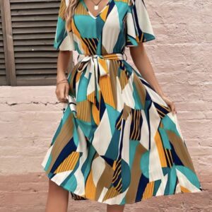 Line Pleated V Neck Dress - Image 16