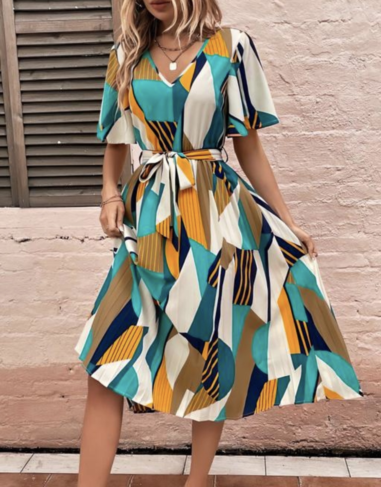 Line Pleated V Neck Dress - Image 16