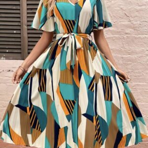 Line Pleated V Neck Dress