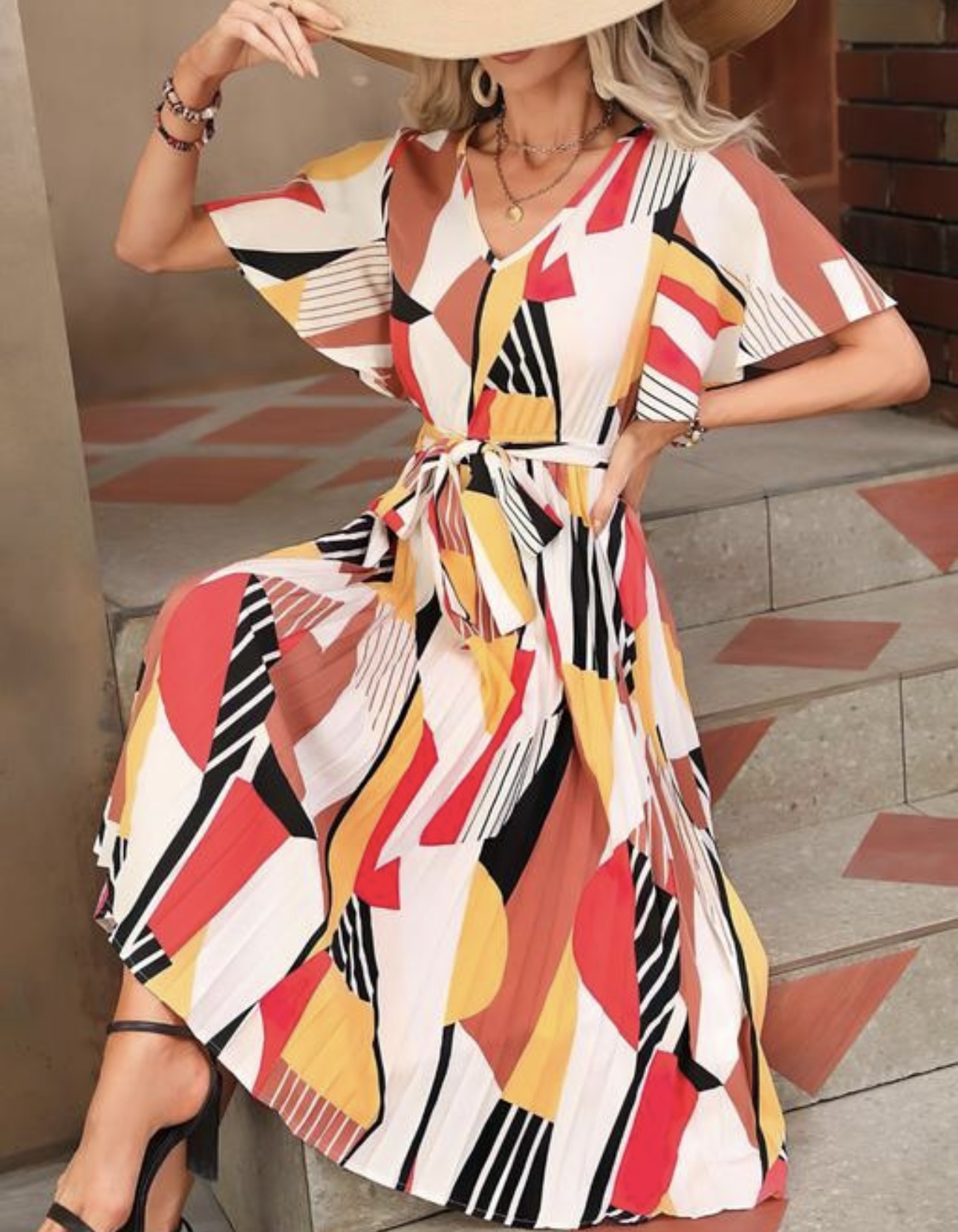 Line Pleated V Neck Dress - Image 12