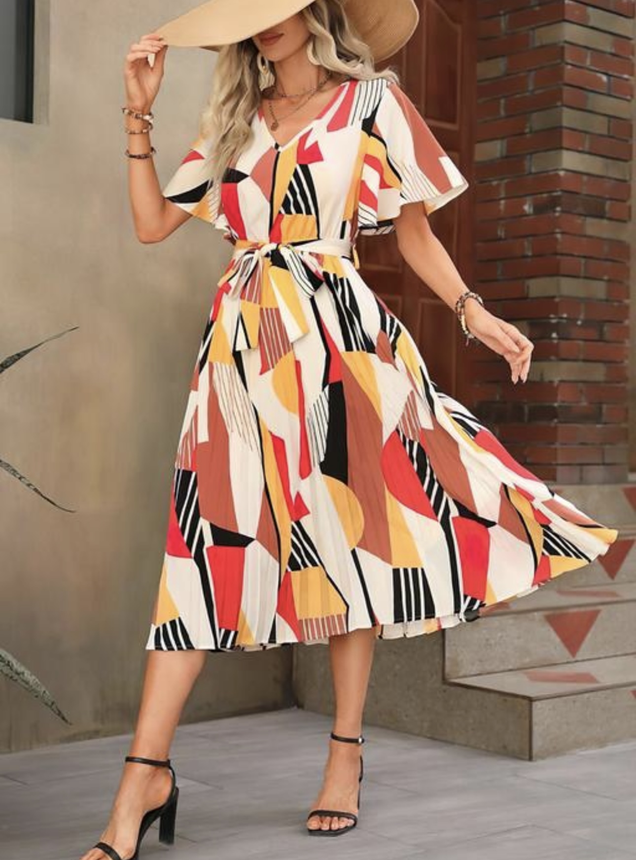 Line Pleated V Neck Dress - Image 11