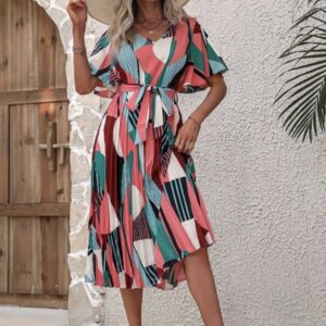 Line Pleated V Neck Dress - Image 10
