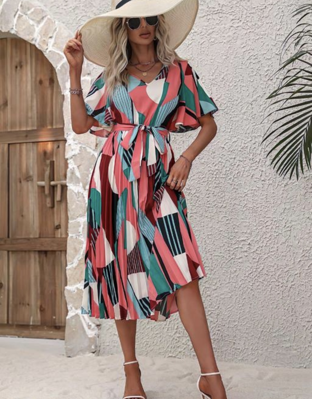 Line Pleated V Neck Dress - Image 10