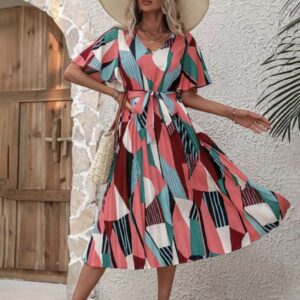 Line Pleated V Neck Dress - Image 2