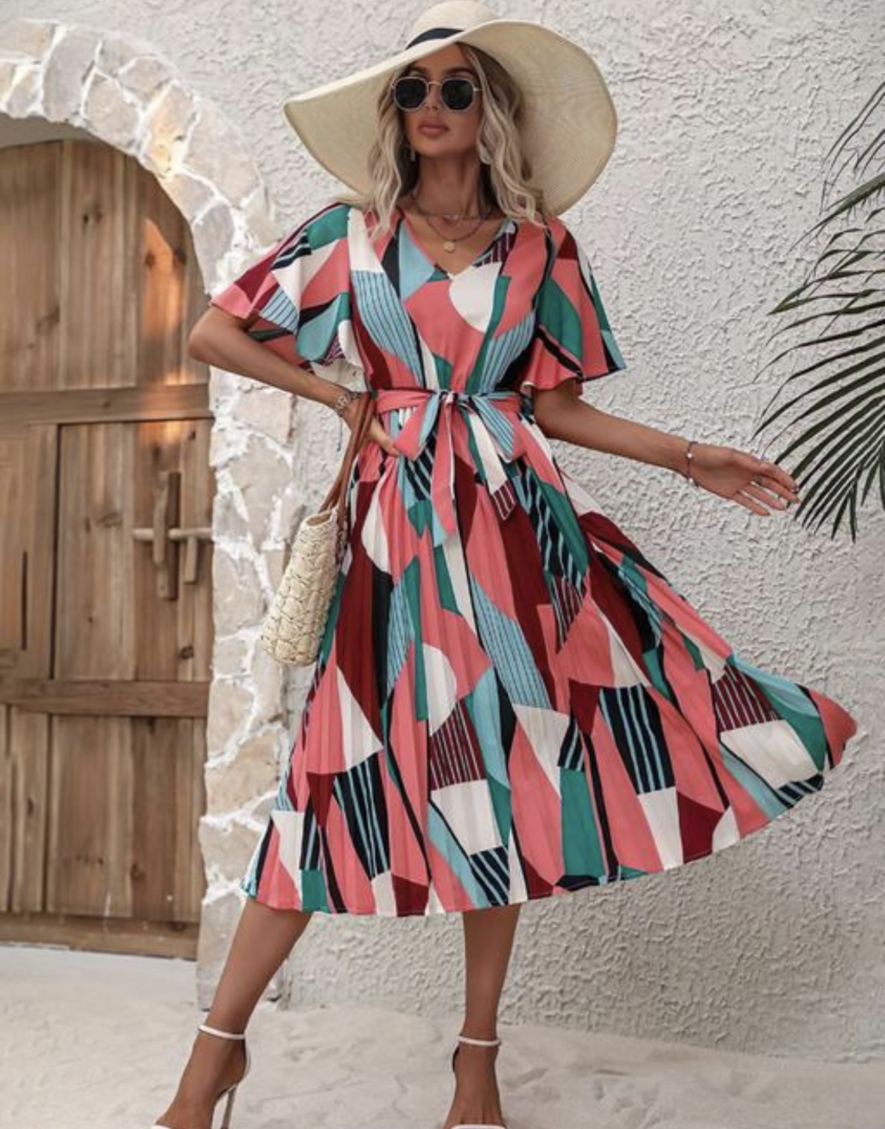 Line Pleated V Neck Dress - Image 2