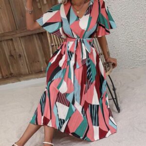 Line Pleated V Neck Dress - Image 8