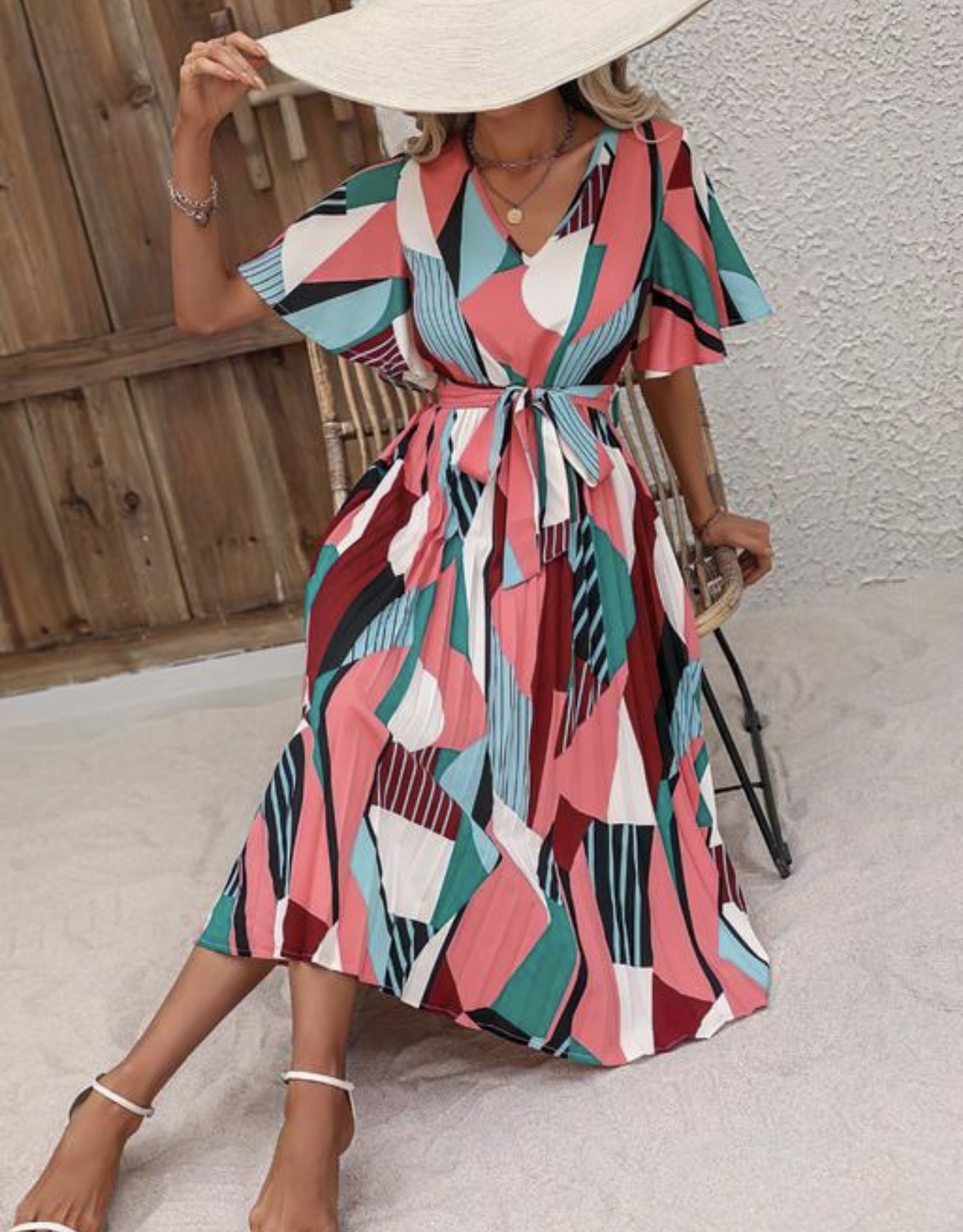 Line Pleated V Neck Dress - Image 8