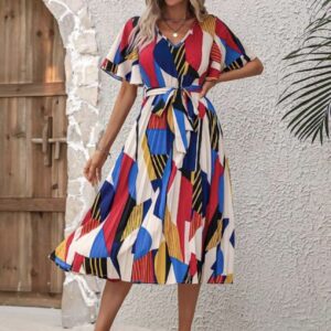 Line Pleated V Neck Dress - Image 4