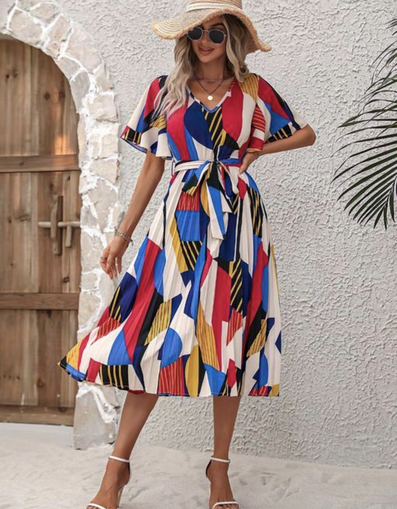 Line Pleated V Neck Dress - Image 4