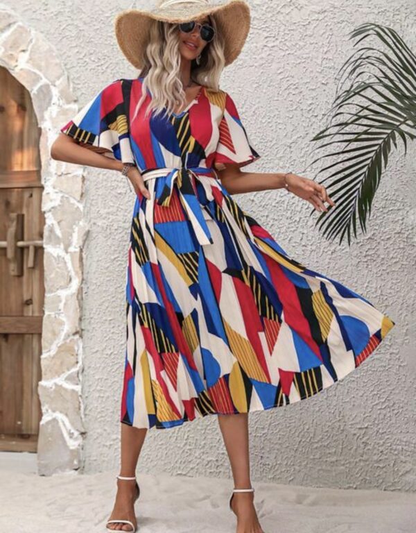 Line Pleated V Neck Dress - Image 7