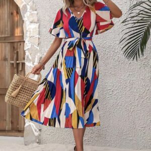Line Pleated V Neck Dress - Image 6