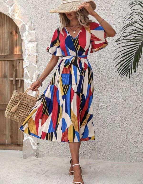 Line Pleated V Neck Dress - Image 6