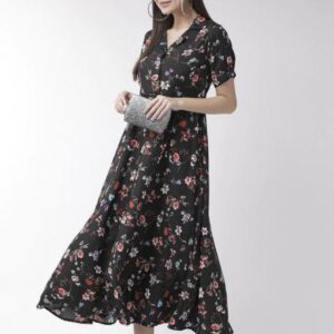 Collar Flower Print A- Line Dress - Image 3