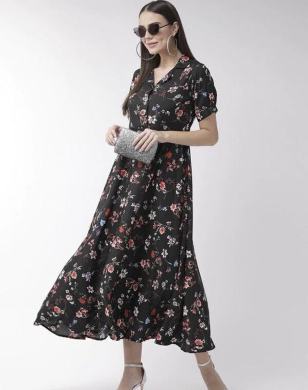 Collar Flower Print A- Line Dress - Image 3